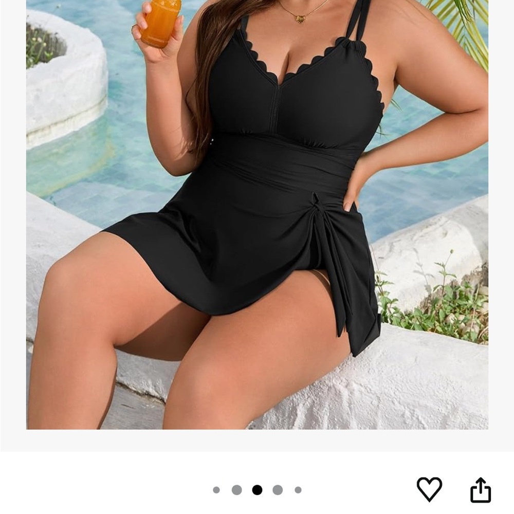 Plus Size Black Scalloped Neck Swimdress with Side Tie